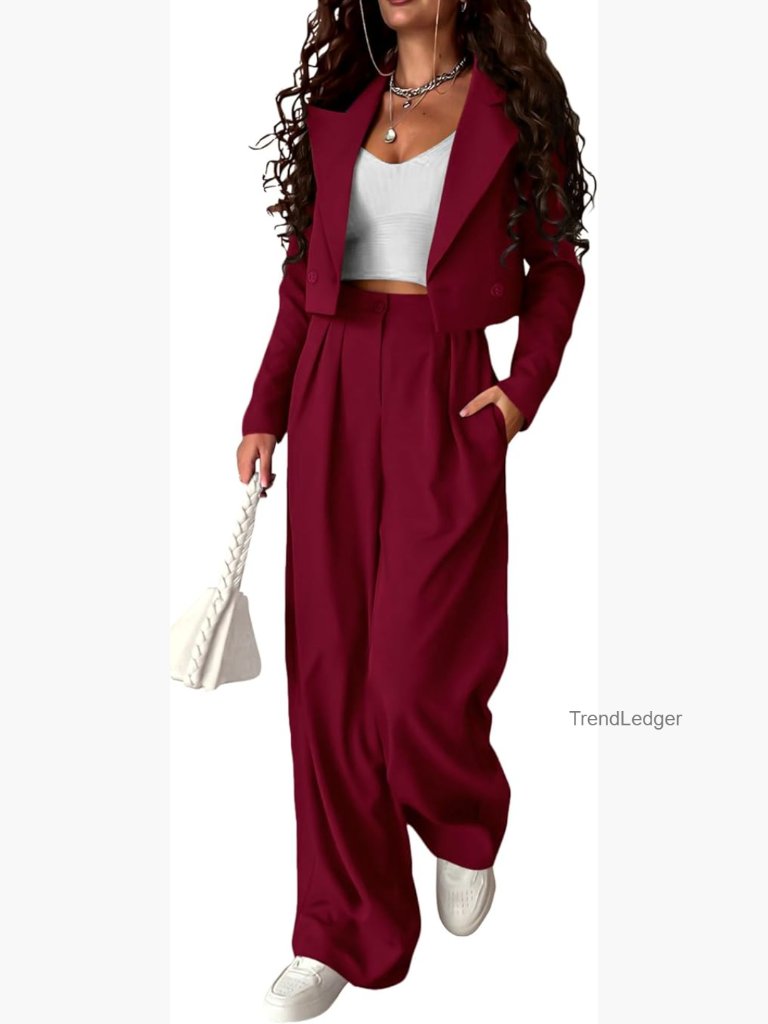 Cropped Blazer And Wide Leg Pants Suit Set 2 Piece